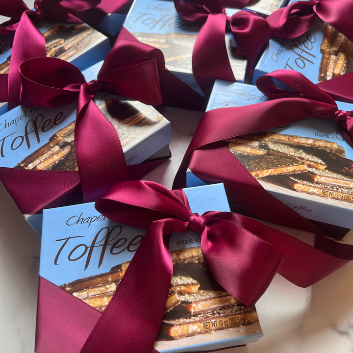 10 oz. Chapel Hill Toffee, wrapped in a satin bow. Add your message and we will ship directly to your recipient.